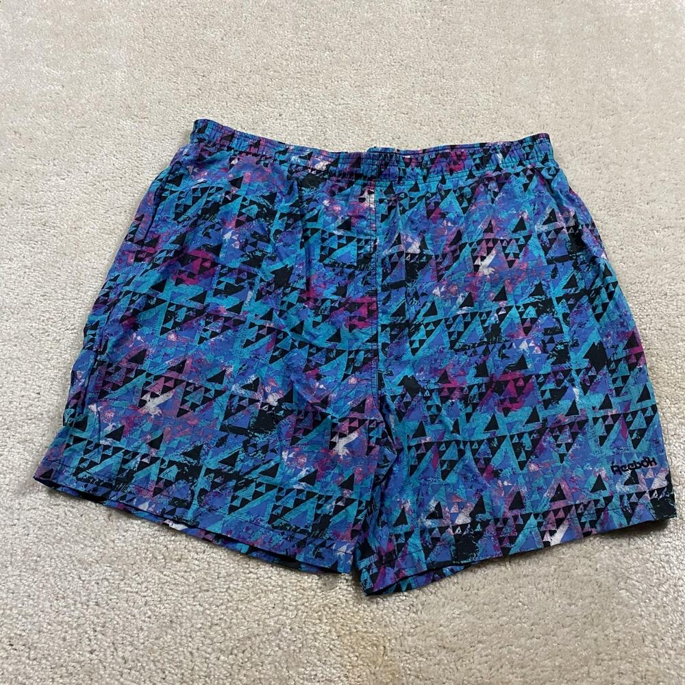 VTG Reebok Swim Trunks Mens 38 Blue Geometric AOP Retro Lined Pockets Drawstring